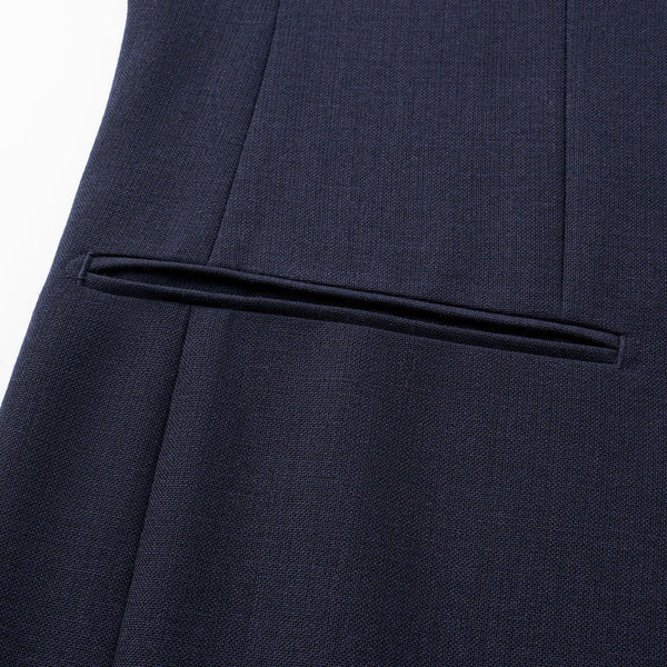 Navy blue suit jacket with a pocket on a white background